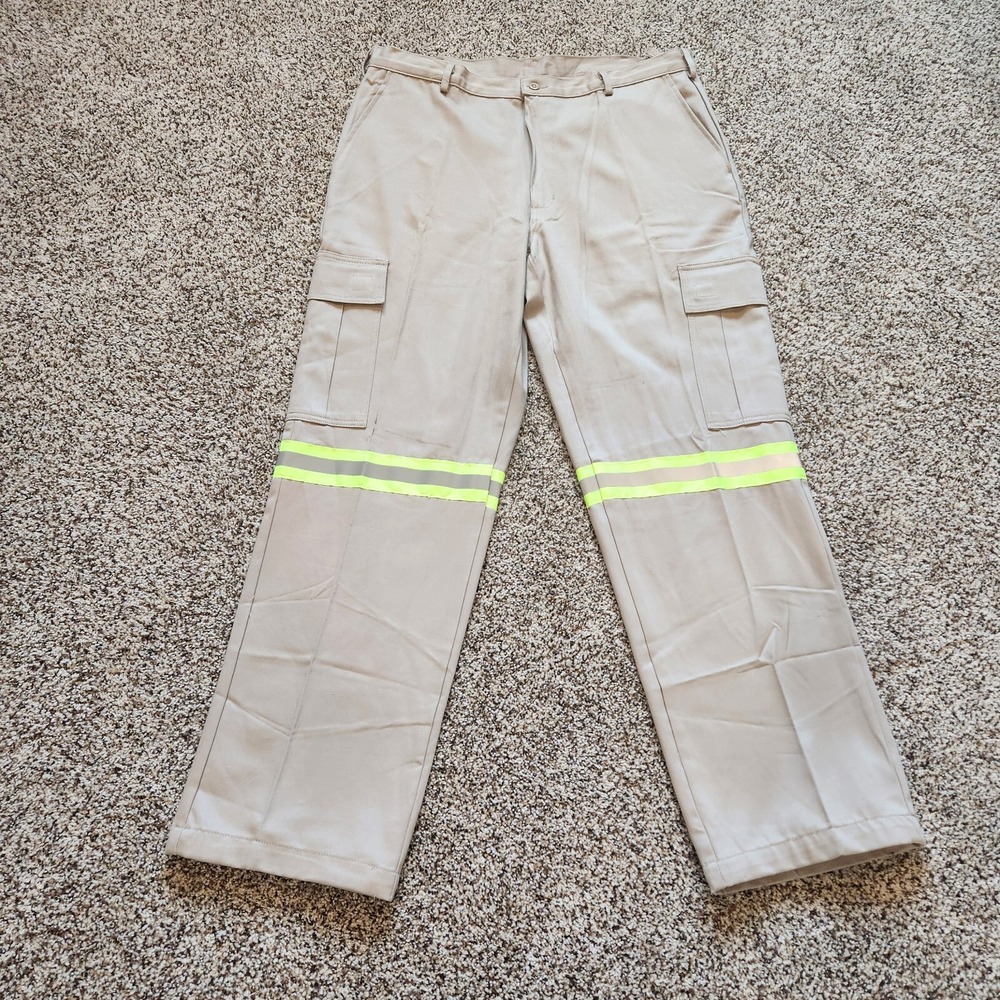 EMC Mens Reflective Cargo Pants 38x33 Tan Work VF Safety Uniform Adj Waist